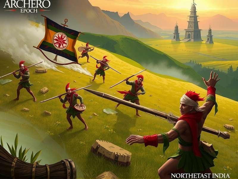 Concept art for Archero Epoch Northeast India expansion showing tribal warriors and landscapes