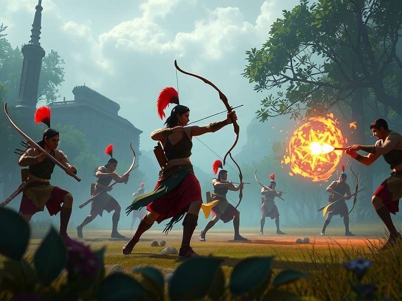 Archero Epoch gameplay showing archer character fighting enemies with Indian-inspired weapons