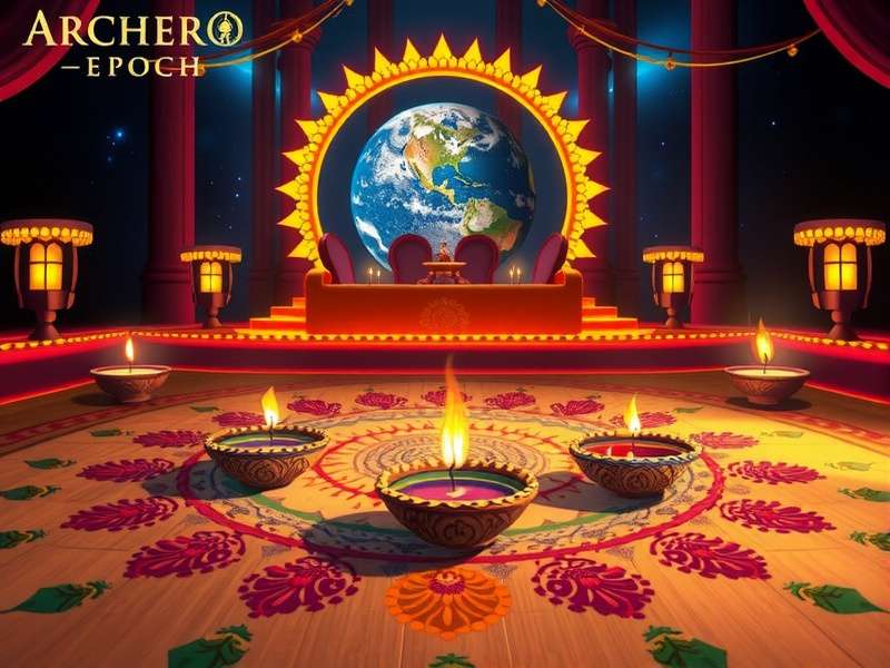 Archero Epoch Diwali event showing game world decorated with diyas and rangolis